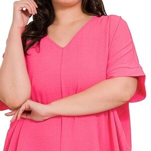 Zenana Hot Pink Crinkle V-Neck Dolman Top XL